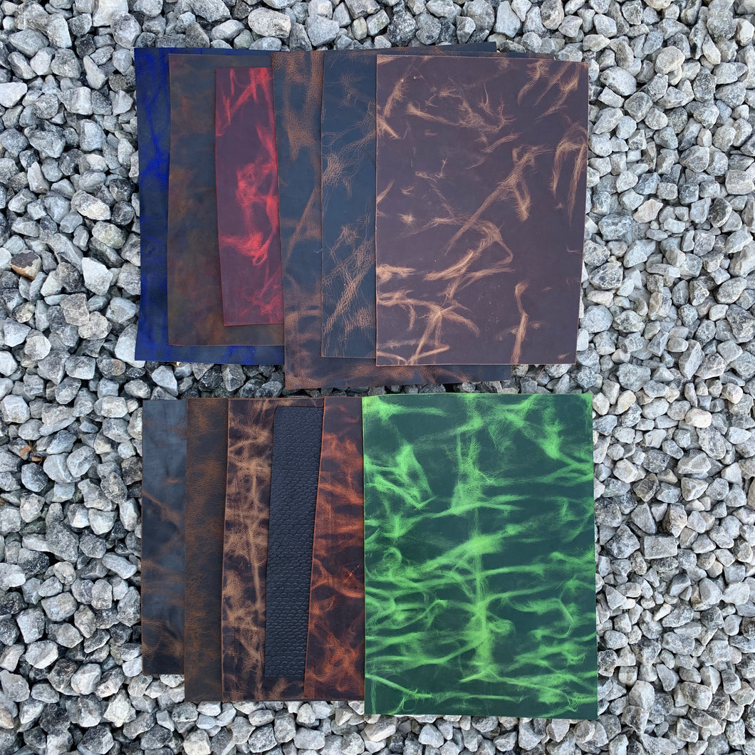 A random selection of 6 approx A5 sized swatches of our Signature Trademarked Mad Dog® Goat Leather.